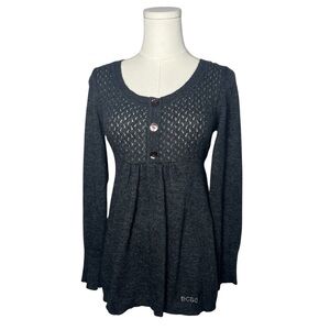Y2K BCBG Charcoal Grey Angora Wool Button Front Tie Back Babydoll Sweater Top